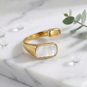Gold Mother of Pearl Rectangle Signet Ring Open Adjustable 18K Gold Plated 5-10